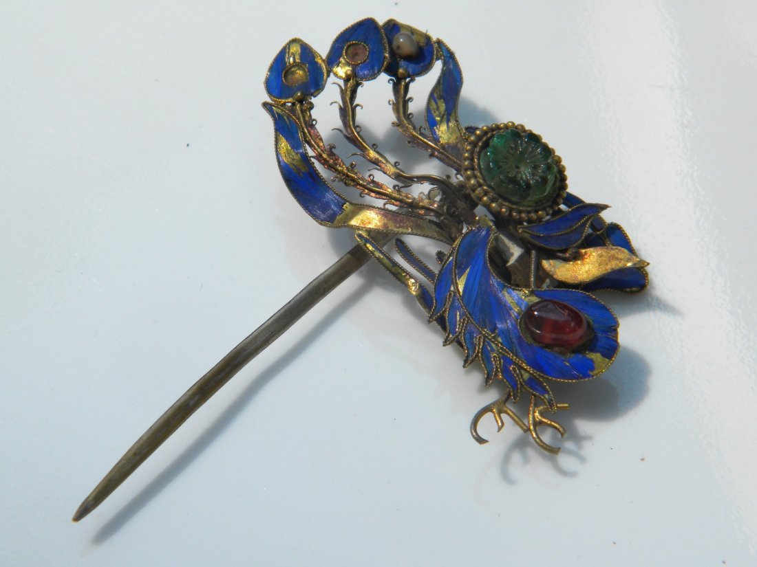 Antique Chinese Qing King Feather Tourmaline Hair Pin
