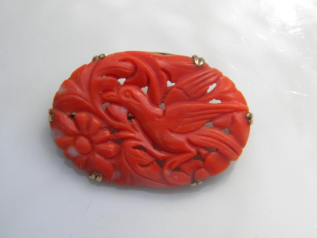 14K Gold Red Coral Carved Bird Brooch Pin (1 of 6)