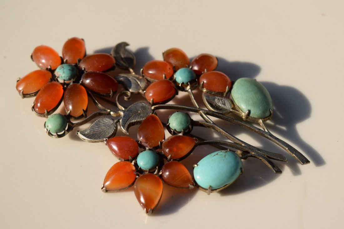 Antique Chinese Carnelian and Turquoise Brooch Pin (1 of 3)