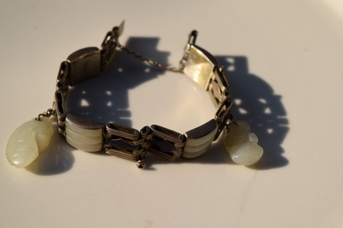 Antique Chinese Silver White Jade Bracelet (1 of 2)