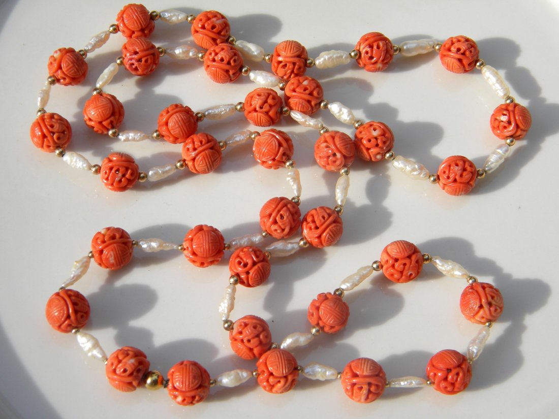 Vintage Chinese Carved Coral Longevity Bead Necklace (1 of 5)