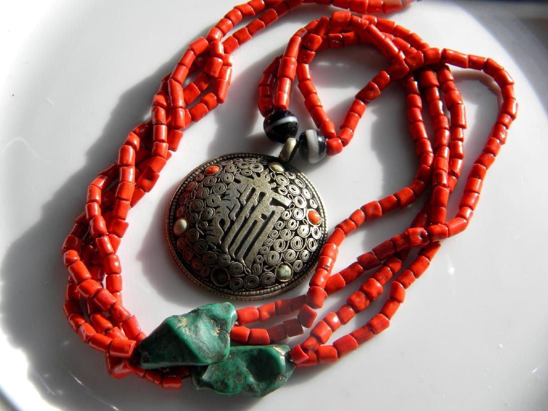 Antique Tibet Silver Pendant with Red Coral, Turquoise (1 of 7)