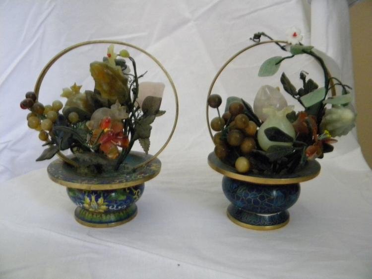 Pair of Cloisonne Flower Basket with Crystal and Carnel: Pair of Cloisonne Flower Basket with Crystal and Carnelian Fruits, size: 6.5" x 4"