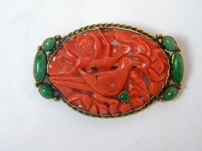 ANTIQUE CHINESE RED CORAL CARVED BROOCH PIN 14K GOLD (1 of 2)