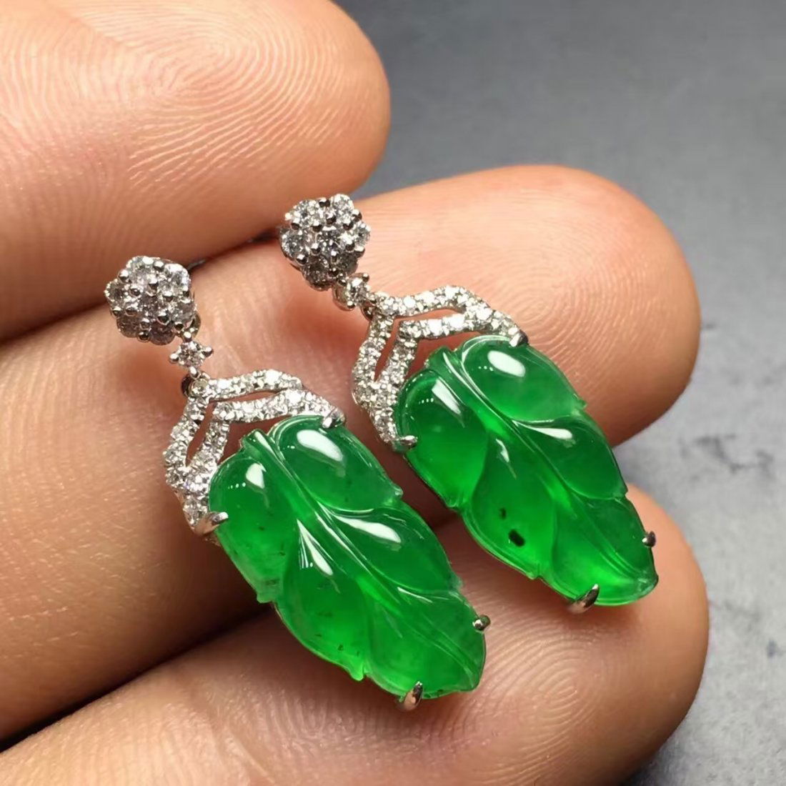 Pair of 18K Gold Diamond Green Jadeite Earrings (1 of 2)