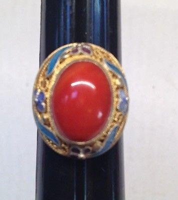 Antique Chinese Natural Red Coral Filigree Enamel Ring: Antique Chinese Natural Red Coral Filigree Enamel Ring, Diameter of the whole face is 22mm, weight 7g