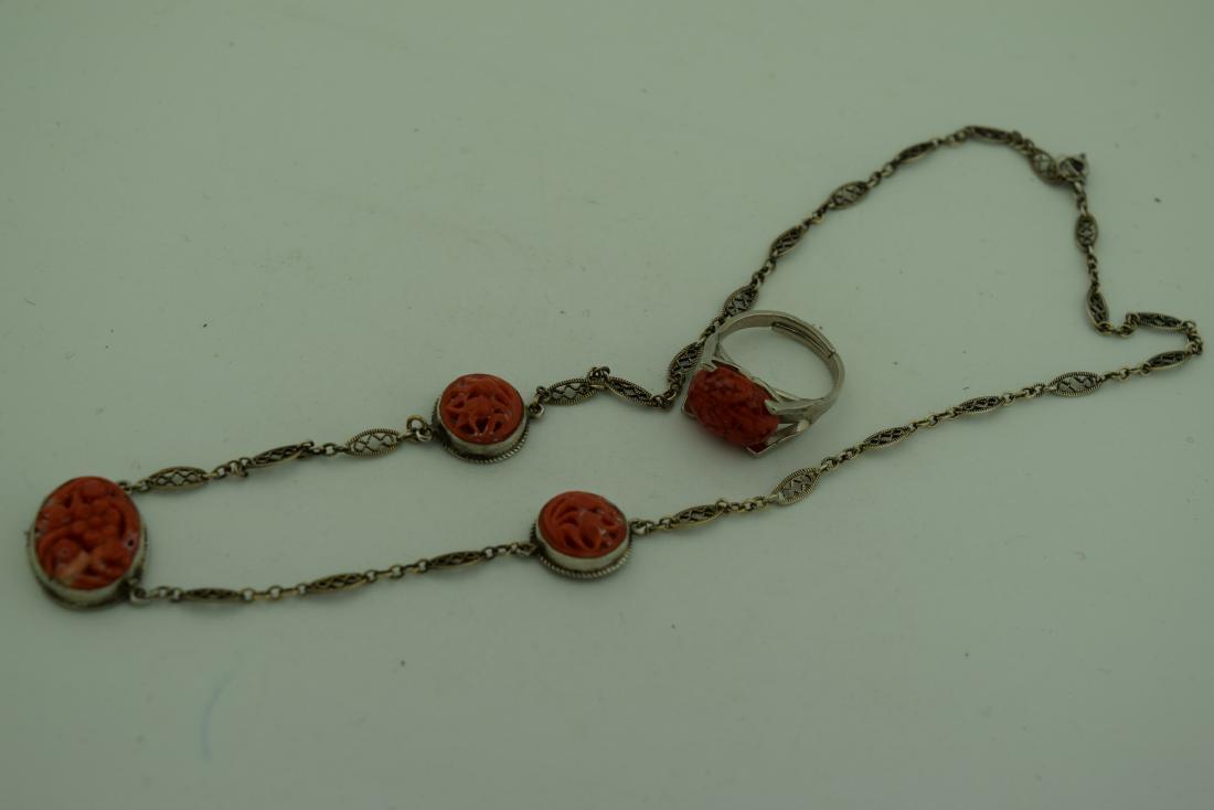Vintage Sterling Silver Red Coral Necklace and Ring (1 of 8)