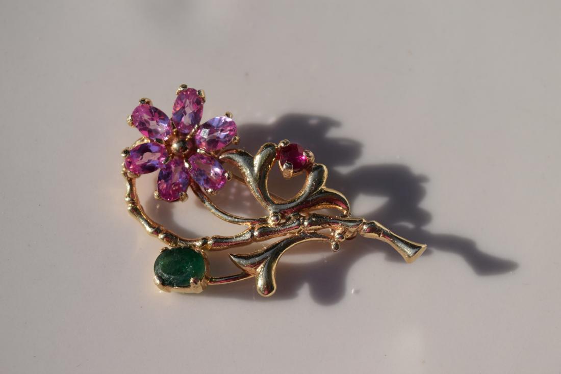 14K Gold Pink Saphire, Saphire and Ruby Brooch Pin (1 of 3)