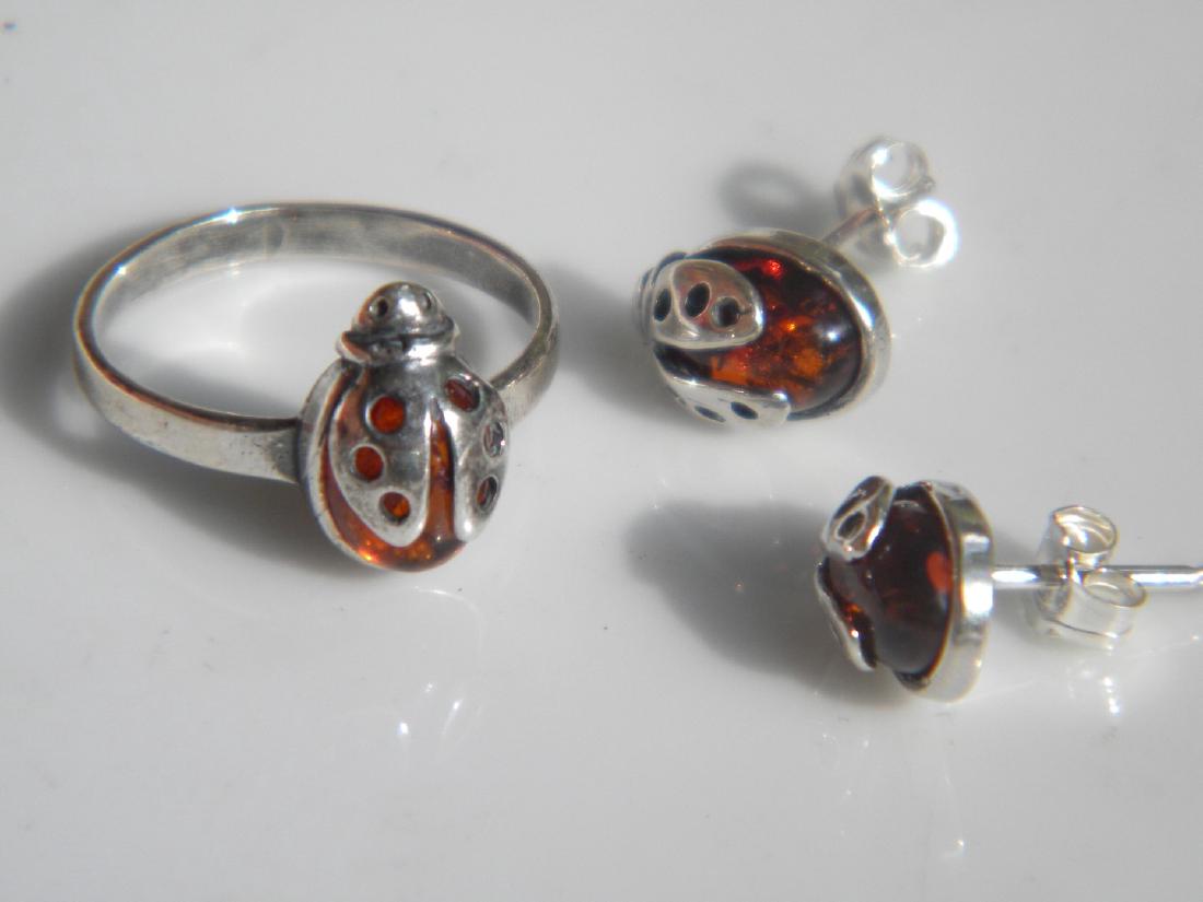 Set of Silver Amber Earrings and Ring (1 of 2)