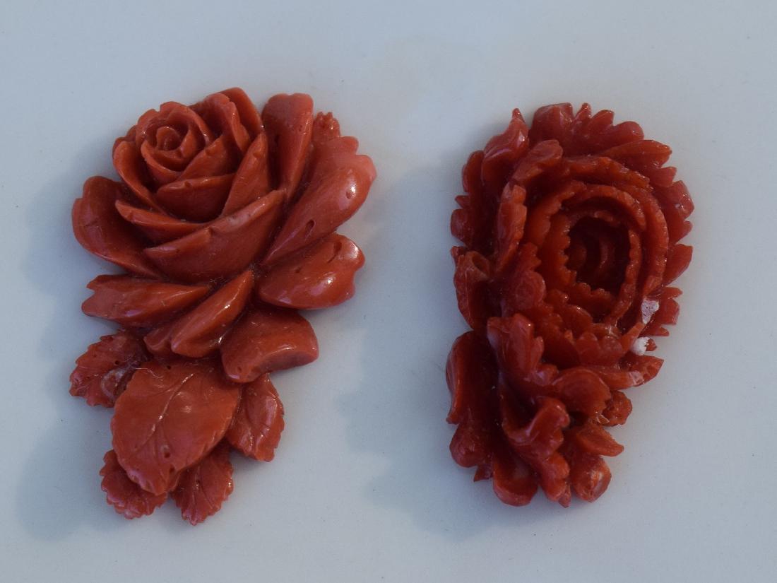 Pair of Carved Red Coral Flower Pendants (1 of 1)