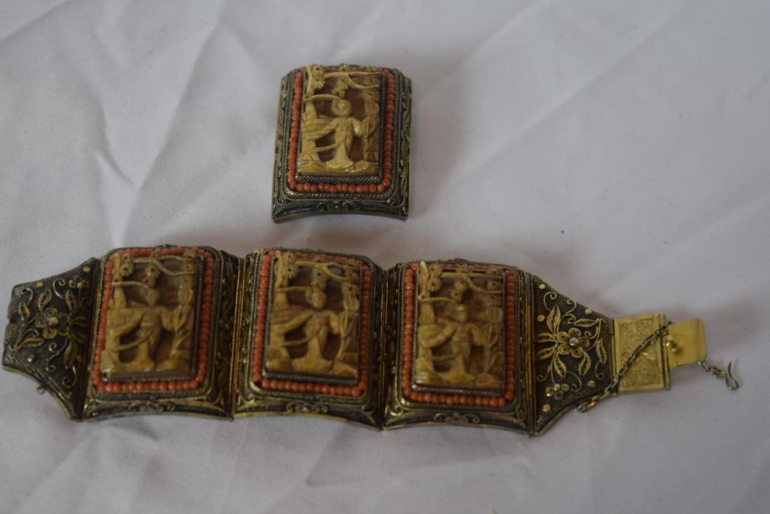 A Set of Antique Chinese Silver Filigree Red Coral (1 of 3)