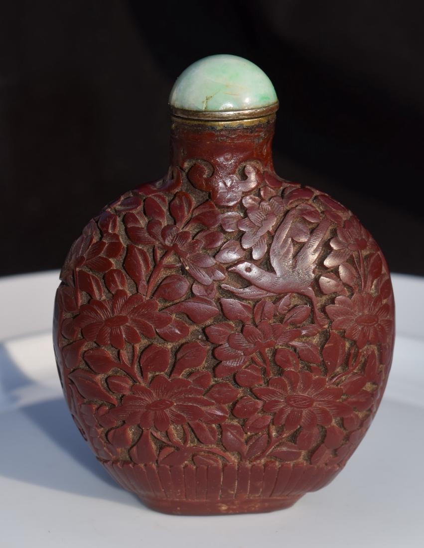 Antique Chinese Lacquer Snuff Bottle with Jadeite Top (1 of 5)