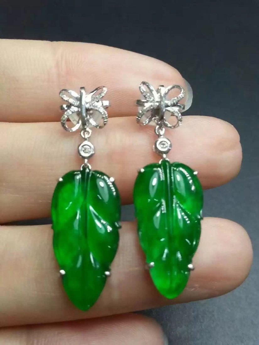 Pair of 18K Gold Diamond Natural Green Jadeite Earrings (1 of 3)
