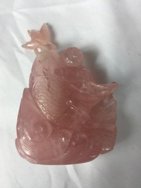 Antique Pink Quartz Boy and Fish Snuff Bottles (1 of 7)