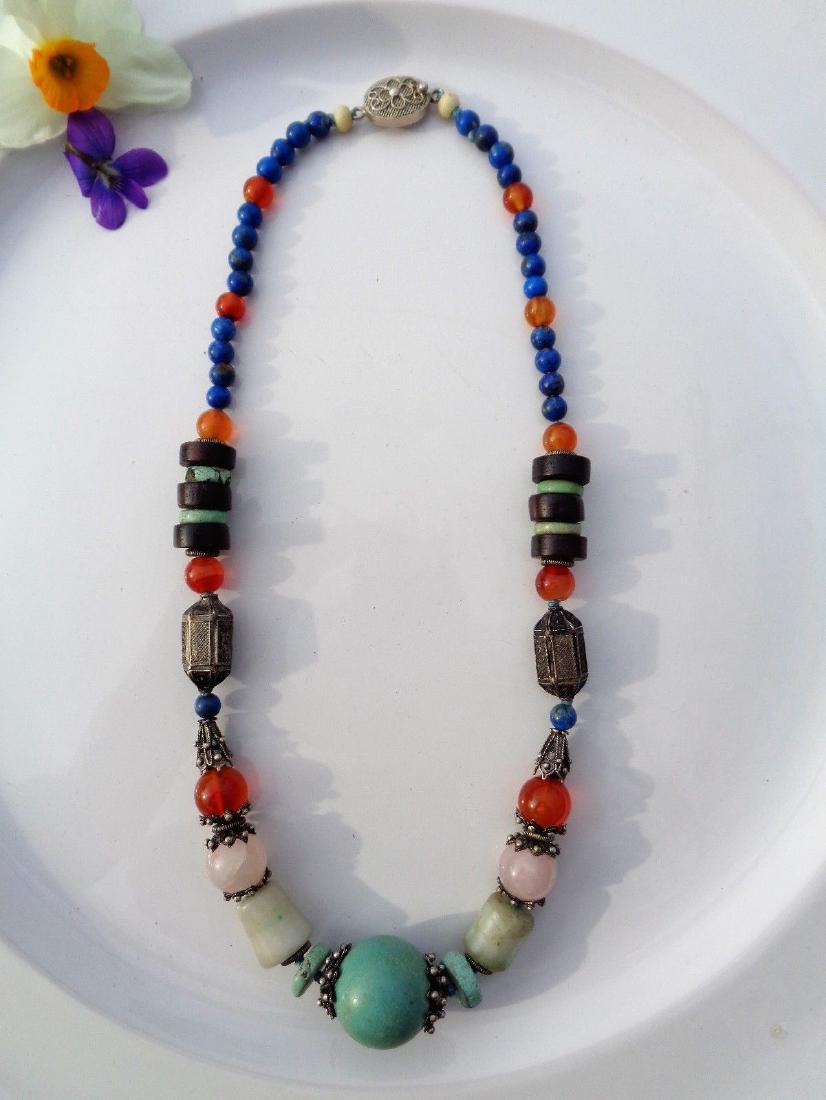 Antique Tibetan Silver Lapis Turquoise Carnelian: Antique Tibetan Silver Lapis Turquoise Carnelian Necklace, Length: 19"