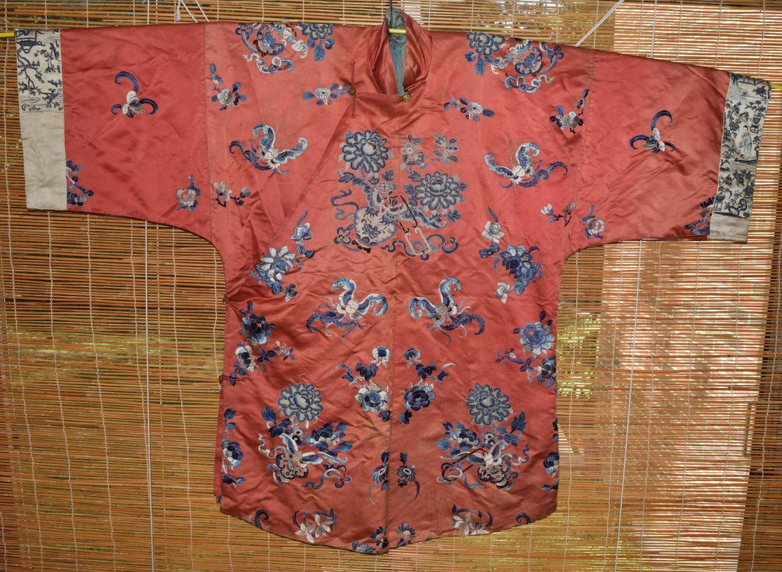 A Red Embroidered Silk Flower Lady's Robe, Qing Dynasty (1 of 4)