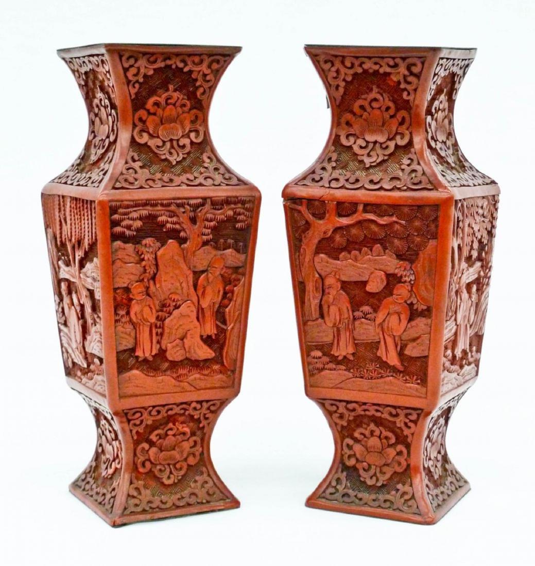 Pair Antique Chinese Carved Cinnabar Gu Form Vases (1 of 4)
