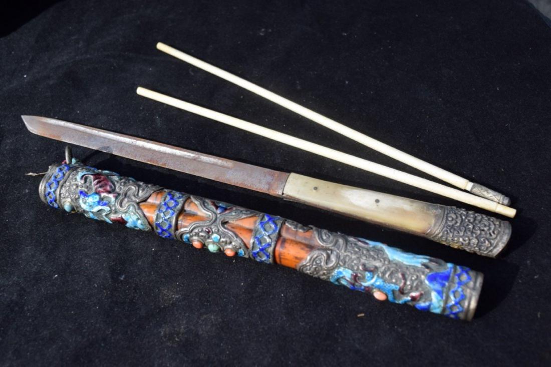 Antique Chinese Coral Silver Travel Knife Set, length: (1 of 4)