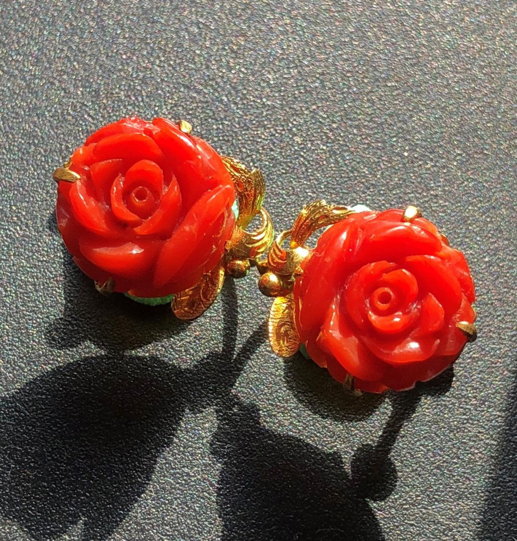 Pair of 18K Yellow Gold Aka Red Coral Earrings (1 of 6)