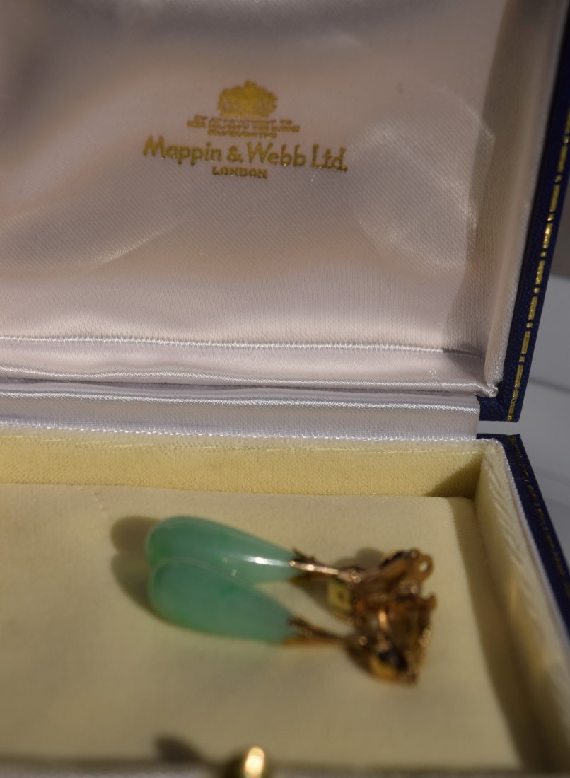 Pair of Mappin & Webb Longdon Green Jadeite Earrings: Pair of Mappin & Webb Longdon Green Jadeite Earrings, Size: 1.5"