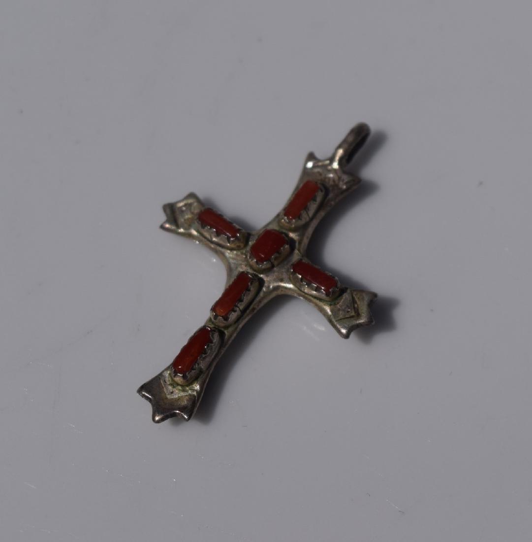 Vintage Silver Ox Blood Coral and Turquoise Cross: Vintage Silver Ox Blood Coral and Turquoise Cross Pendant, Size: 1.5" x 1"