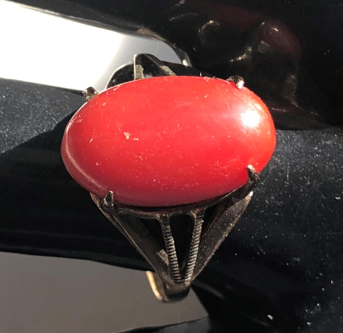 18K Yellow Gold Red Coral Ring, Marked 18K (1 of 2)