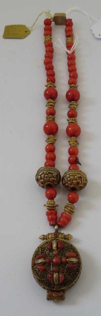 Tibet Handmade Reliquary Necklace w/Coral & Beads (1 of 6)