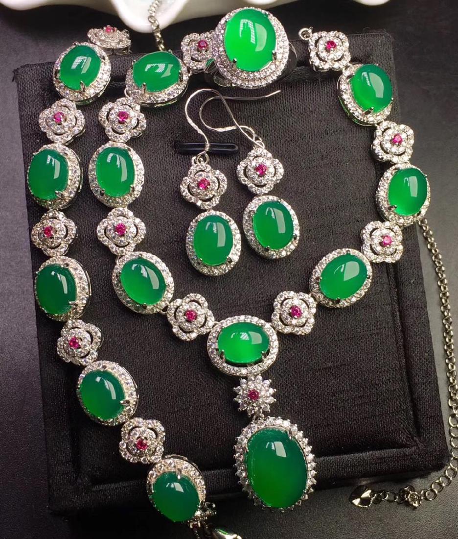 Set of Silver Green Stone Pendant, Necklace, Ring and (1 of 1)