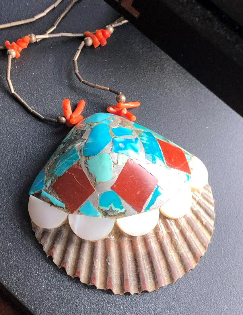 Antique Coral and Turquoise Shell Silver Necklace (1 of 7)