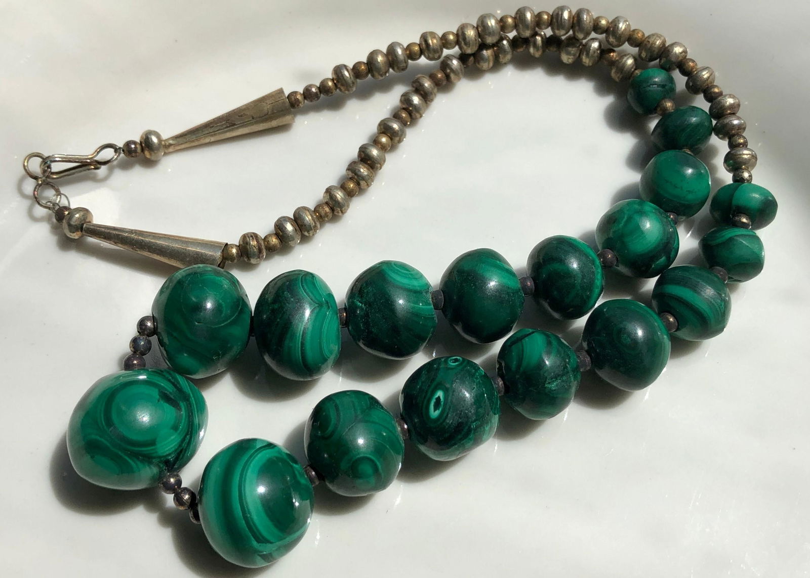 Vintage Malachite and Silver Beads Necklace: Vintage Malachite and Silver Beads Necklace, Length: 20"