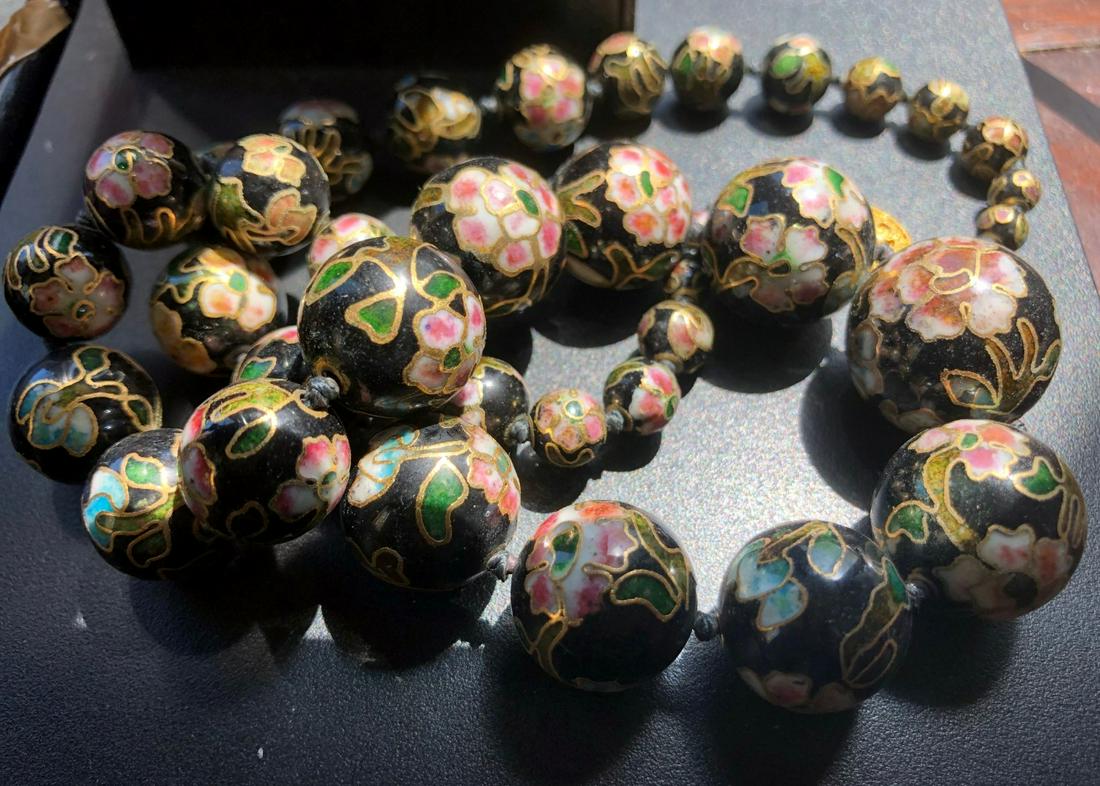 Vintage Black Cloisonne Beads Necklace, Length: 19", (1 of 2)