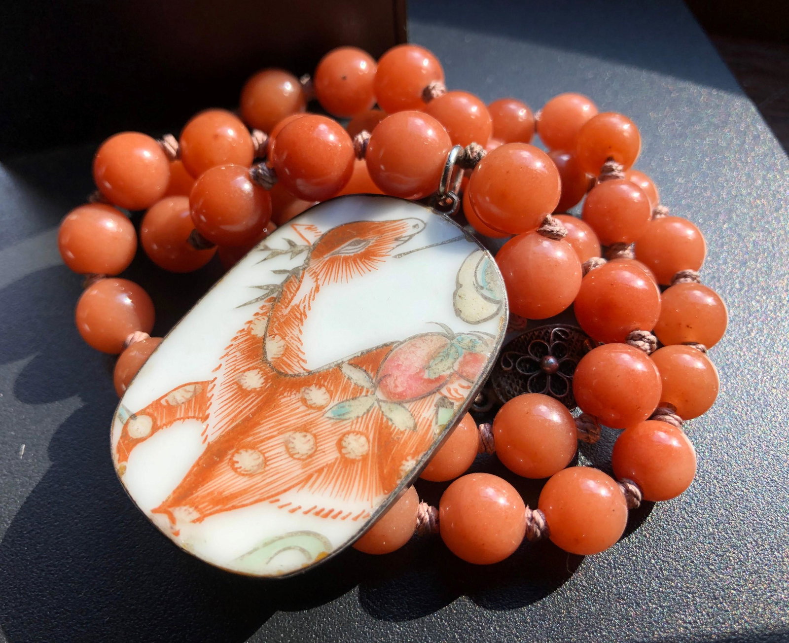 Antique Chinese Carnelian Beads Necklace with Porcelain: Antique Chinese Carnelian Beads Necklace with Porcelain Deer Pendant, Length: 25", Size of Pendant: 2"