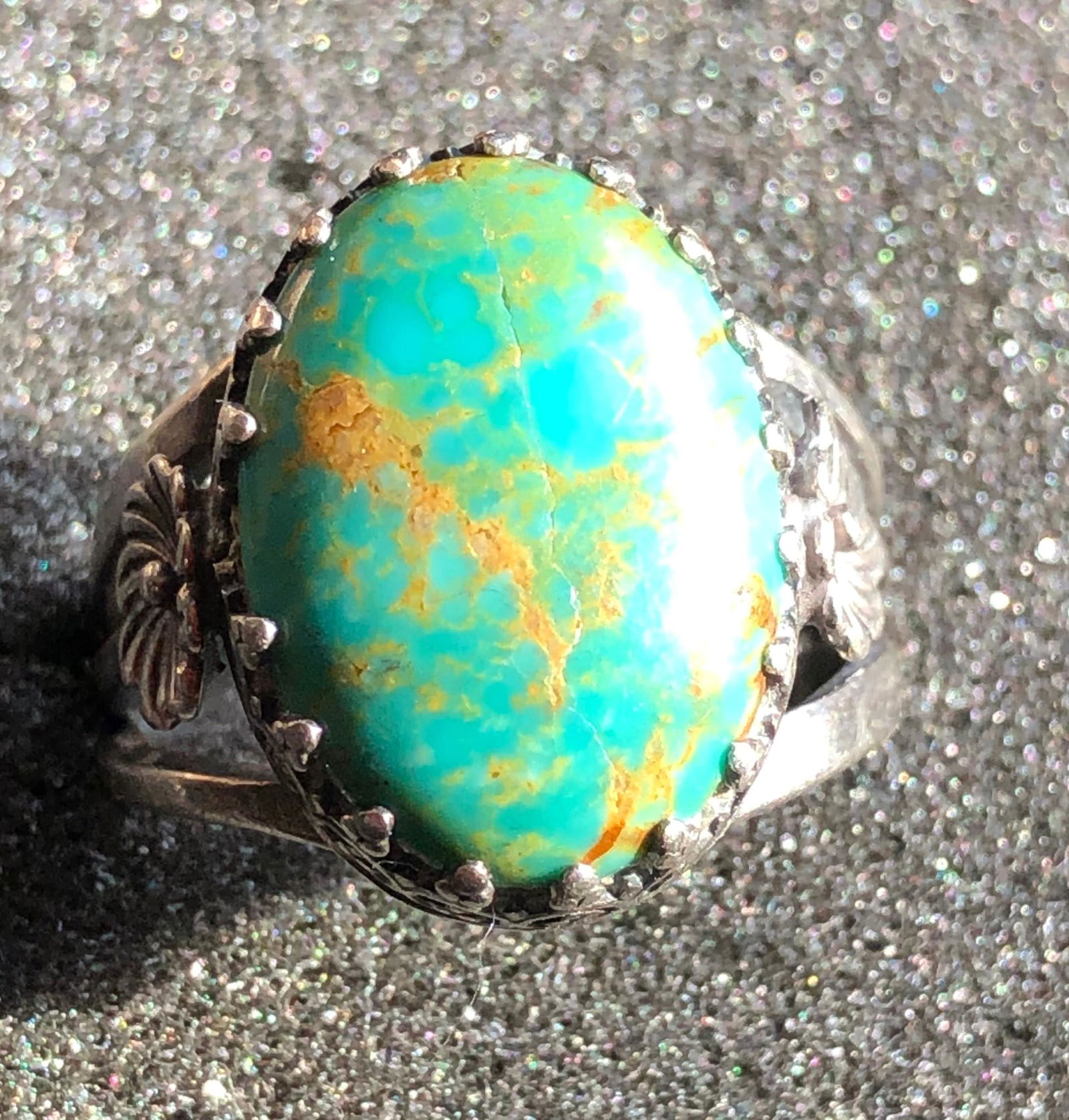Antique Native American Turquoise Silver Ring: Antique Native American Turquoise Silver Ring, Size of Turquoise: 0.7"