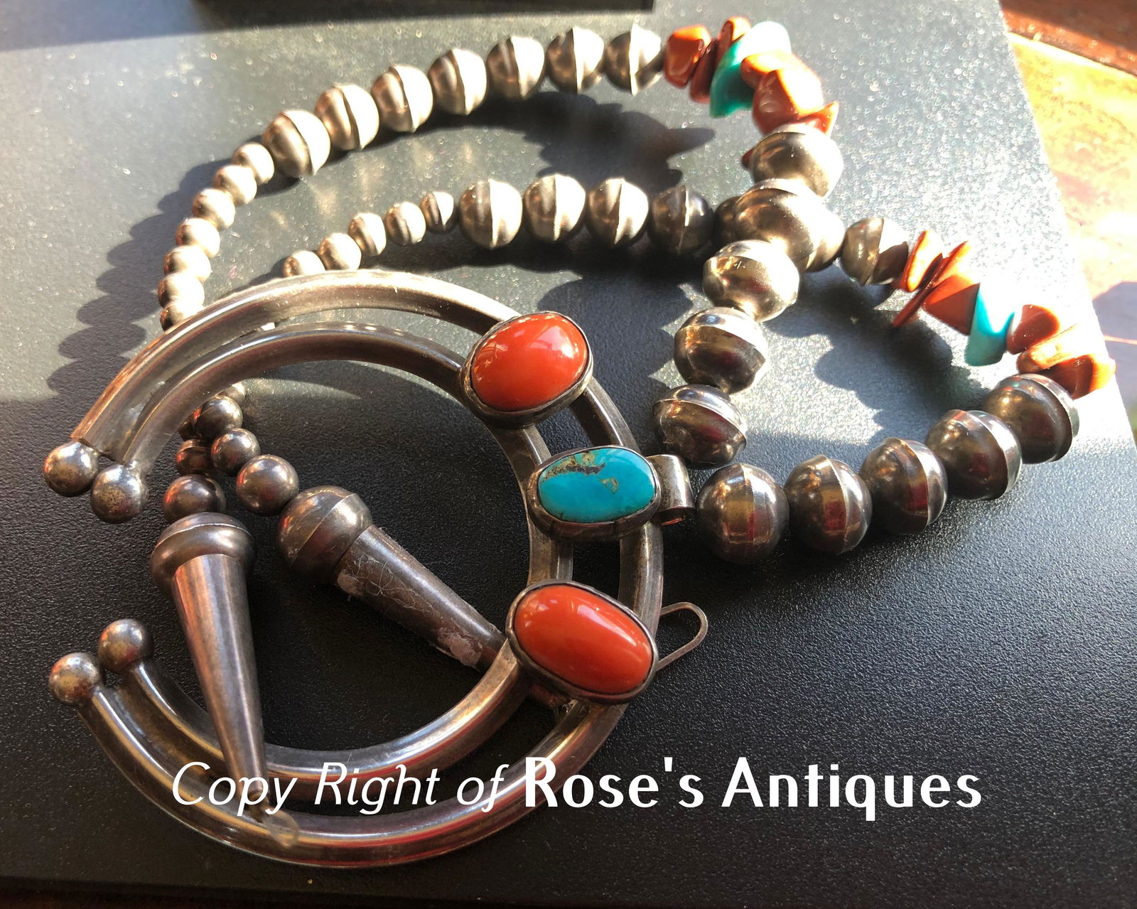 Antique Native American Coral and Turquoise Silver: Antique Native American Coral and Turquoise Silver Necklace, Marked Sterling, Size of Pendant: 2.25"