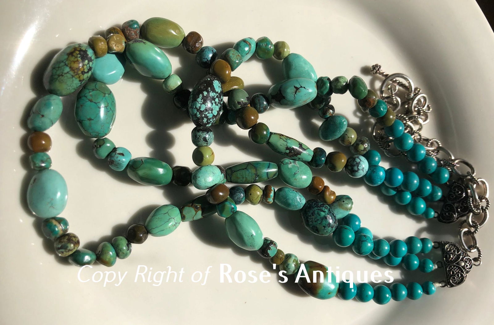 Antique Three Strings Turquoise Necklace with Silver (1 of 8)