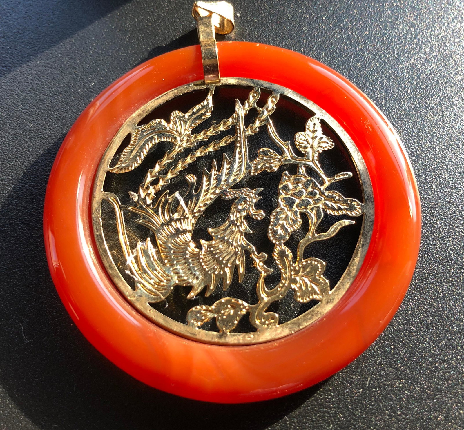 Vintage Chinese Carnelian Pheonix Pendant: Vintage Chinese Carnelian Pheonix Pendant, Diameter: 2"