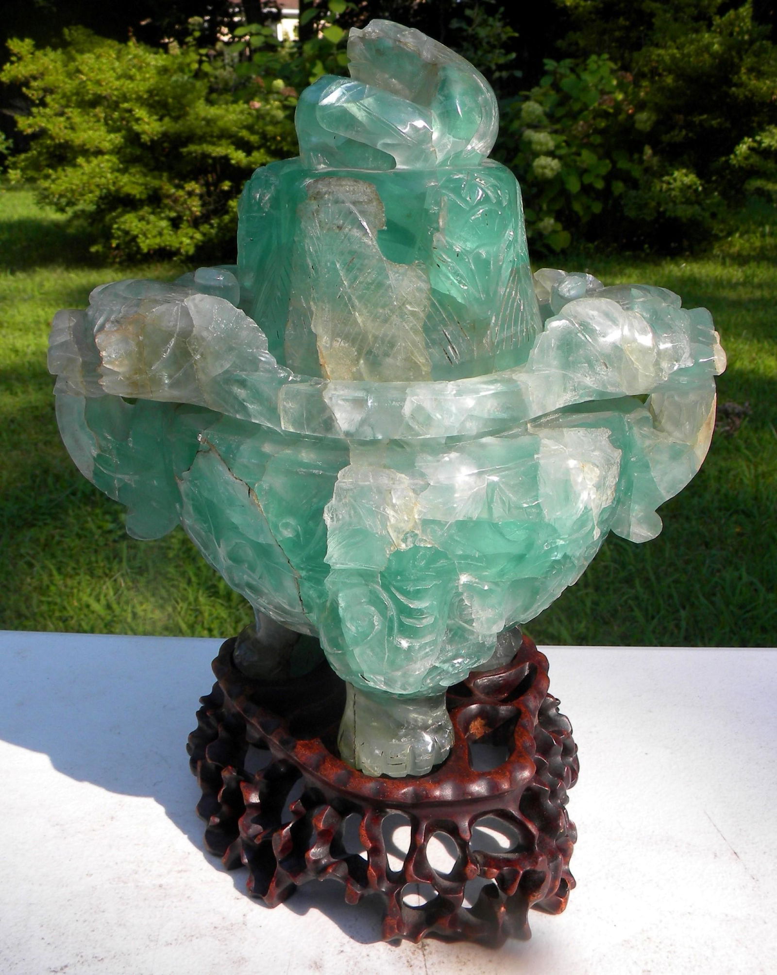 Huge Green Crystal Incense Burner with wood  Stand (1 of 5)