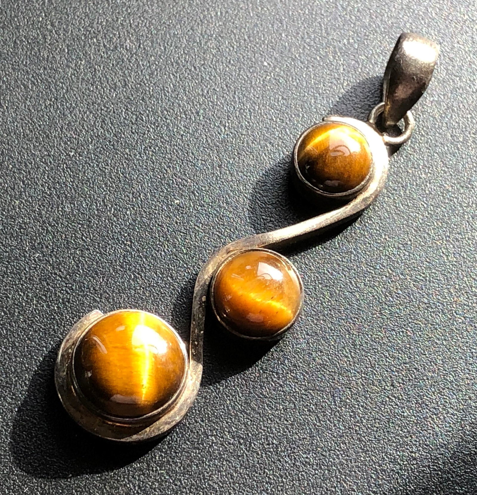 Antique Silver Tiger's Eye Pendant: Antique Silver Tiger's Eye Pendant, Size: 2.5" x 0.75"