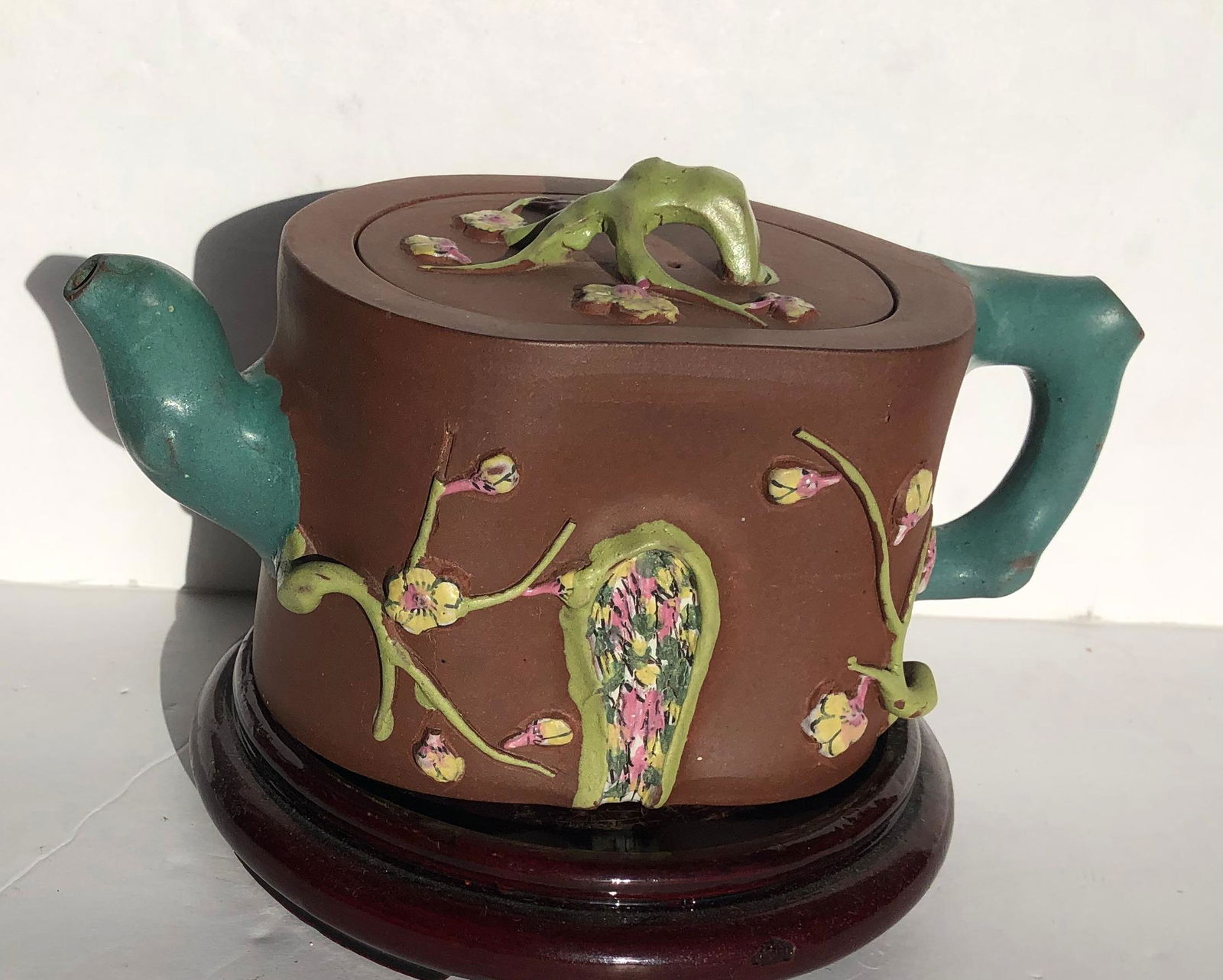 Antique Chinese Yixing Zisha Clay Enamel Teapot Marked (1 of 8)