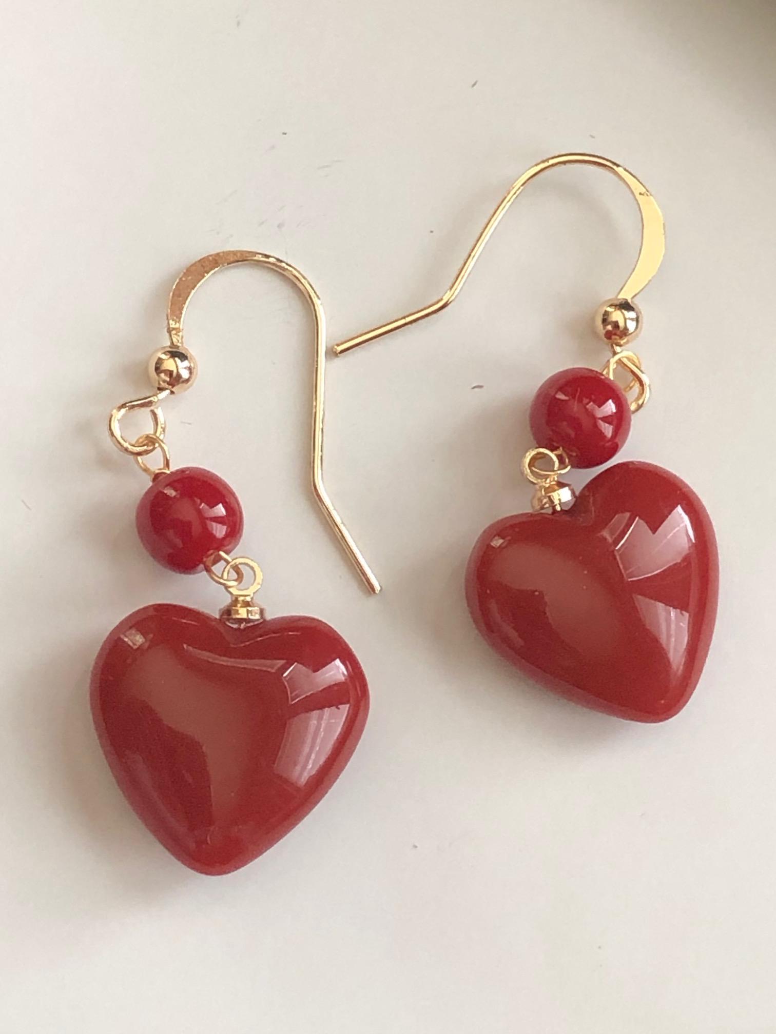 Pair of Red Coral Heart Shape Earrings (1 of 2)