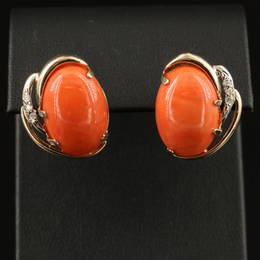 Pair of 14K Gold Coral and Diamond Button Earrings