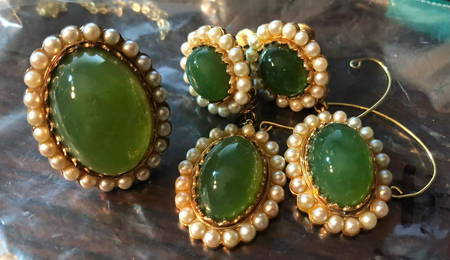 Set of 16K Gold Green Jade Jadeite Ring and Earrings