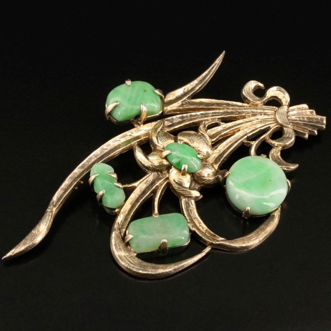 Vintage Sterling Jadeite Leaf Brooch (1 of 4)