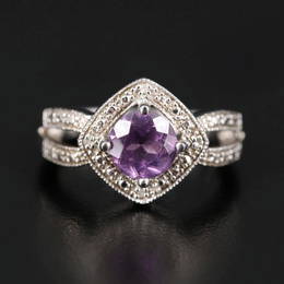 Sterling Silver Amethyst and Diamond Ring