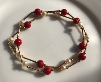 14K Gold Red Coral Pearl Necklace