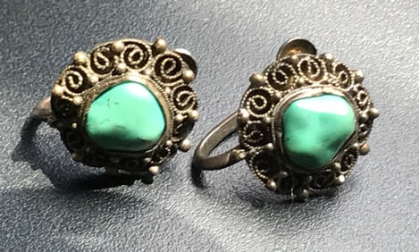 Pair of Chinese Silver Turquoise Earrings