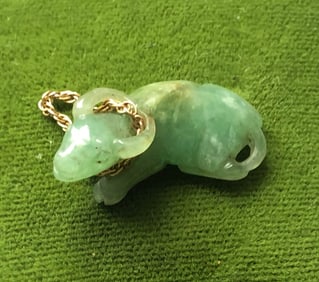 14K Gold Jadeite Cow Pendant