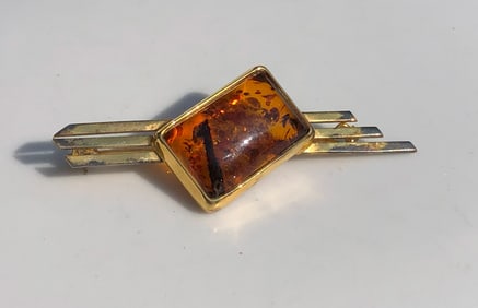 Vintage Silver Amber Brooch Pin