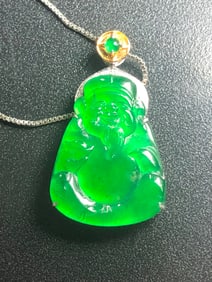 Natural Jadeite 18K Gold Diamond Money God Pendant