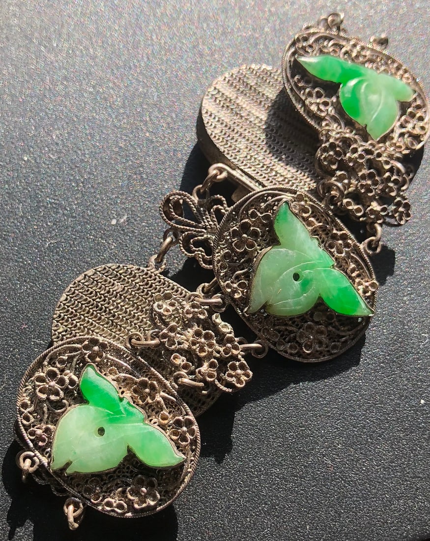 A Silver Filigree Green Jadeite Bracelet, length: 7" (1 of 5)